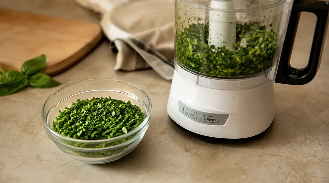 Small glass bowl of freshly minced herbs next to a mini food processor on a compact kitchen counter
