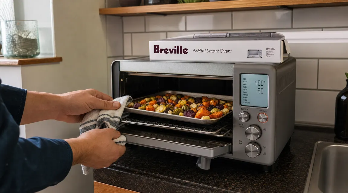 Hand sliding a small baking pan with roasted vegetables into a compact countertop toaster oven