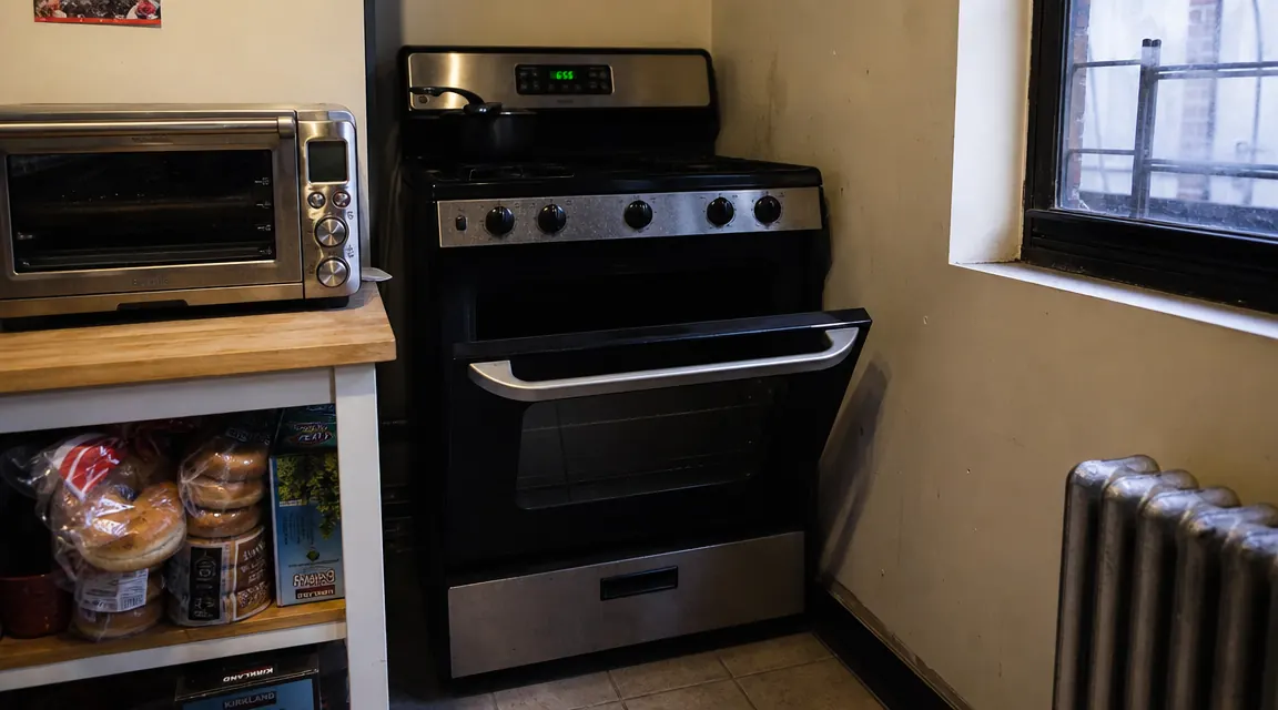 Full-size oven with the door slightly open and a visible gap between the range and the wall, showing wasted kitchen space