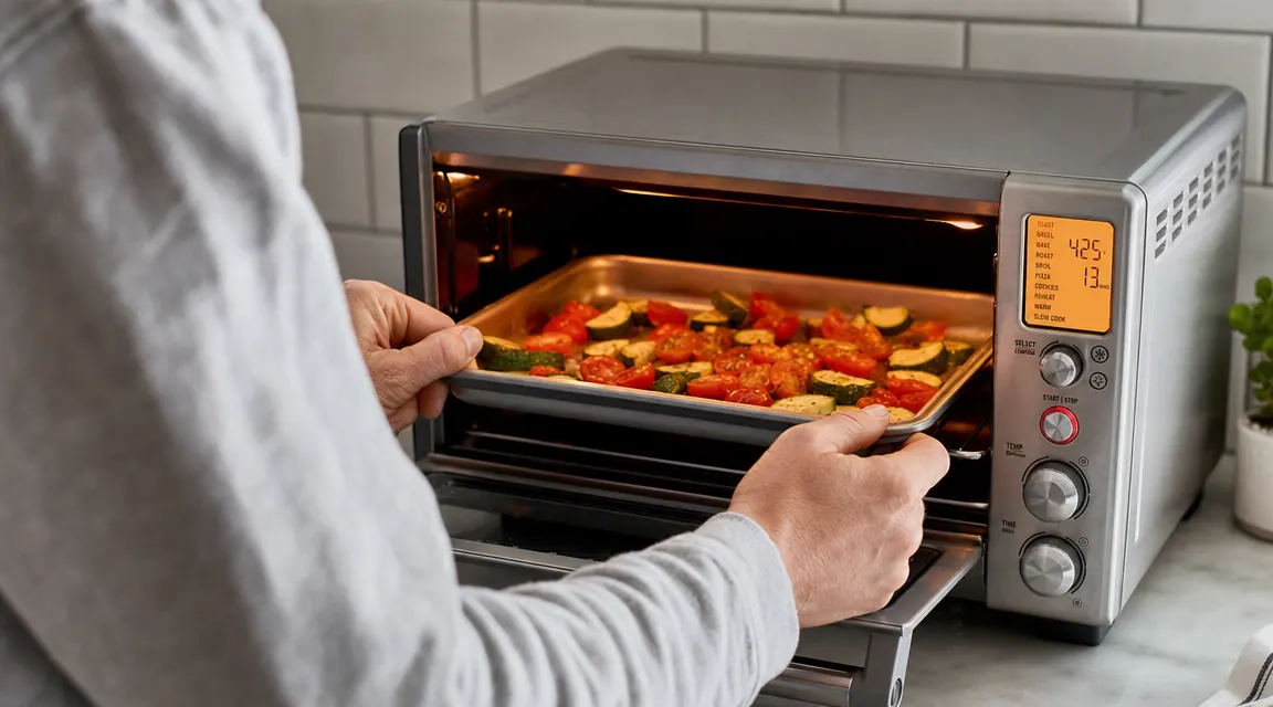 Hand placing a small sheet pan with roasted vegetables into the Breville BOV450XL oven, showing the interior rack and heating elements