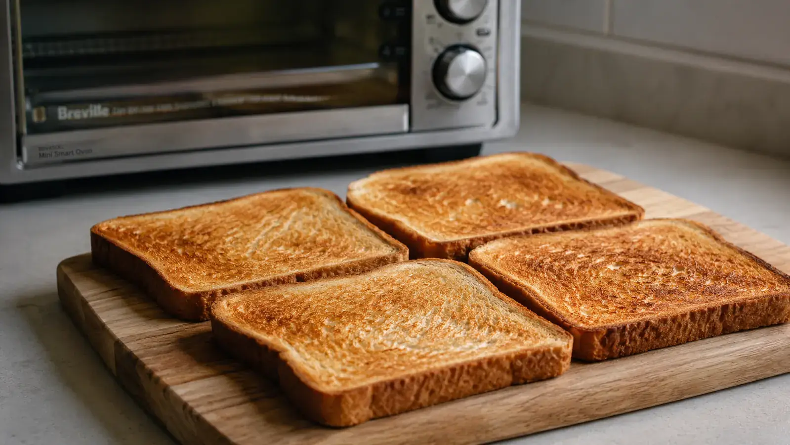 Evenly golden-brown toast slices on a small wooden board next to the Breville oven, showing consistent color across all four corners