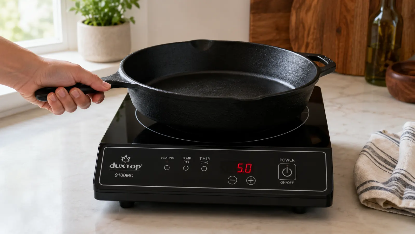 Hand placing a cast iron skillet onto the Duxtop induction cooktop surface to start cooking