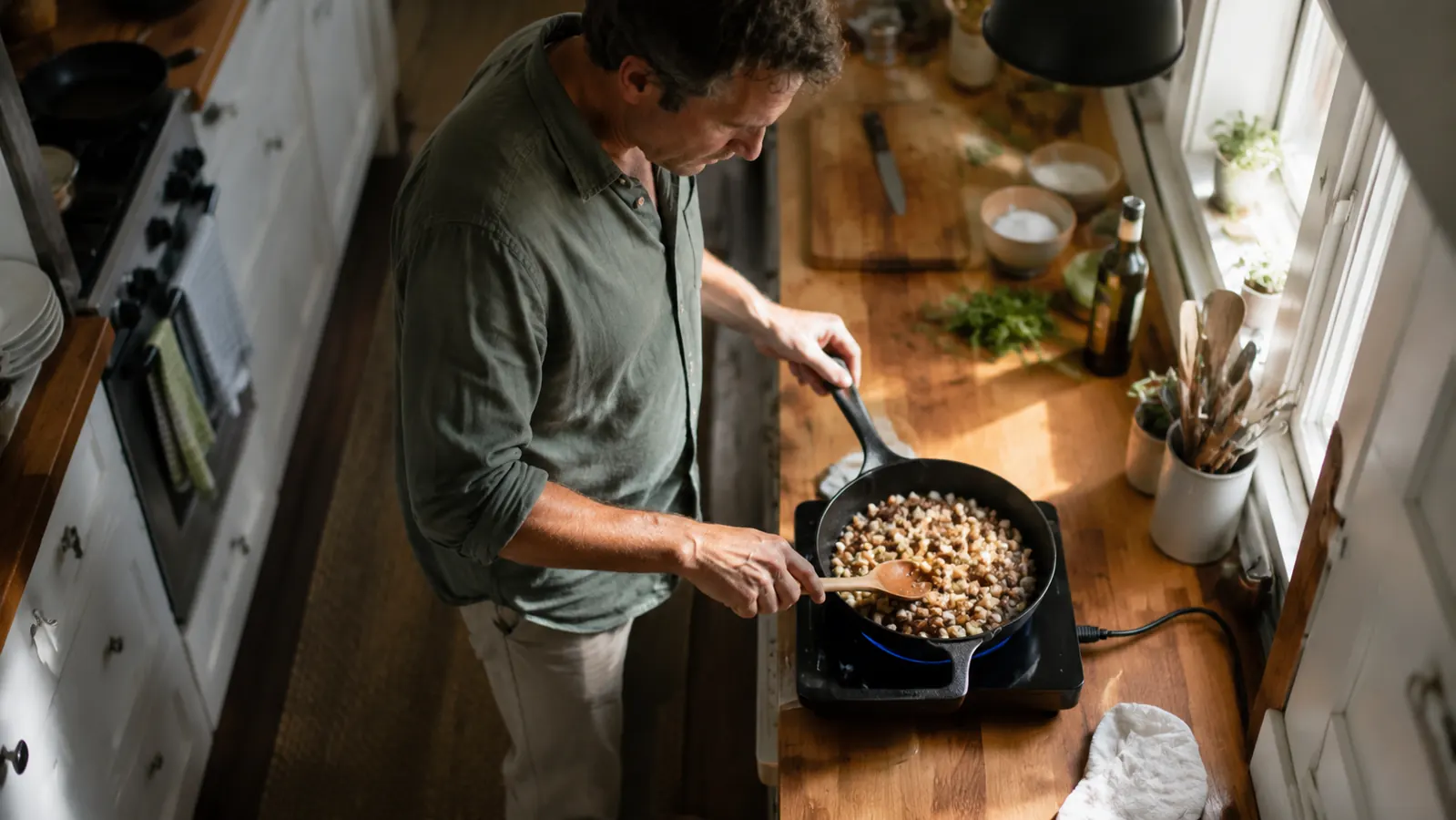 Single-burner induction cooktop sitting on a wooden cutting board beside a small sink, with a cast iron skillet resting on top