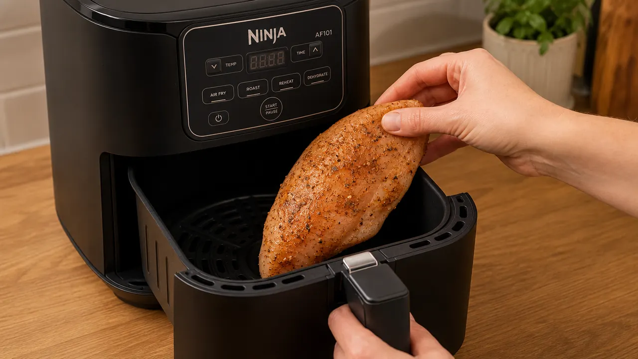 Hand placing a seasoned chicken breast into a 4-quart air fryer basket