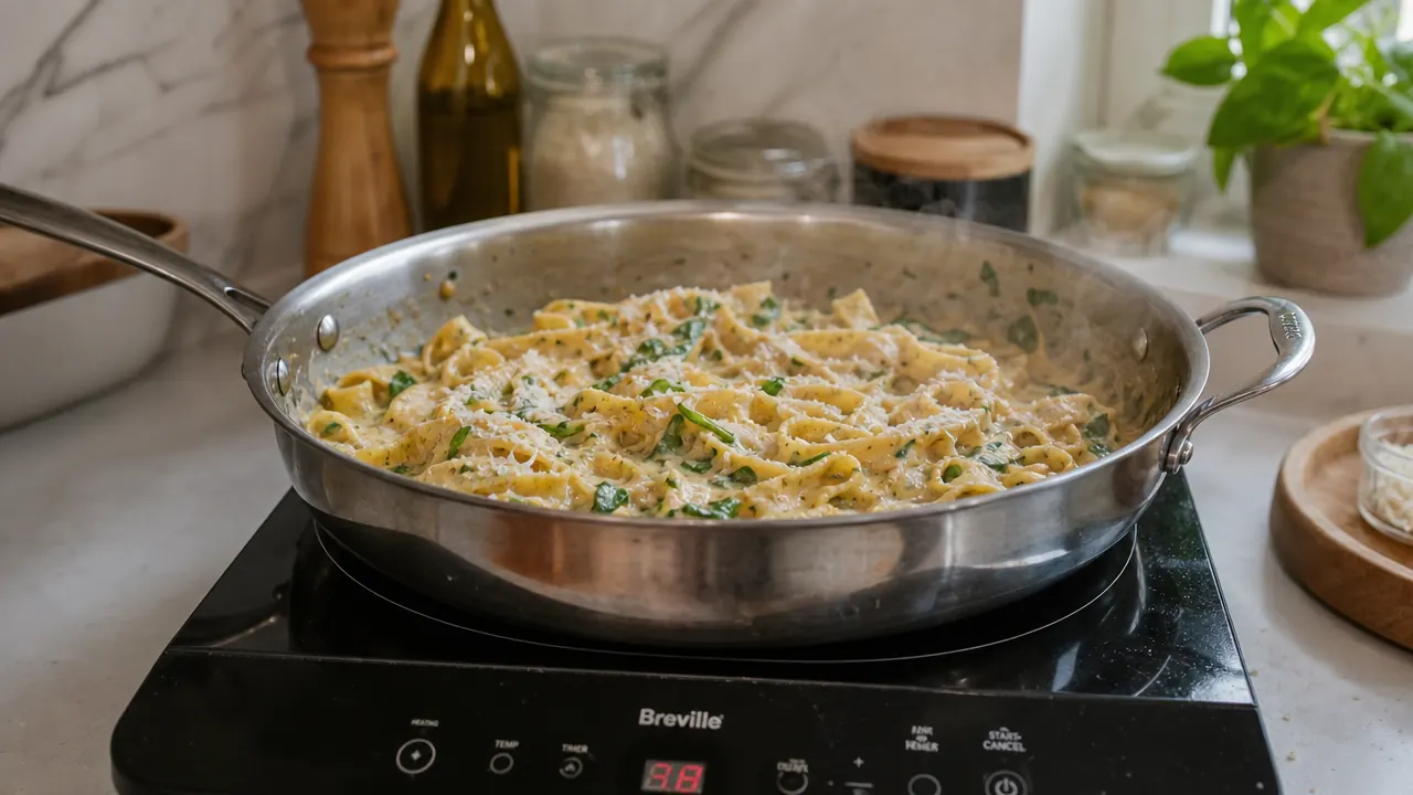 Completed one-pot pasta dish in a wide stainless skillet on an induction cooktop in a small apartment kitchen