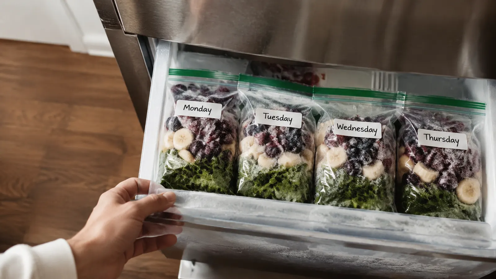 Freezer bags pre-portioned with smoothie ingredients laid flat in a small apartment freezer drawer