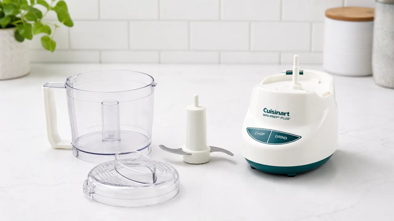 Mini food processor disassembled with bowl, blade, and lid laid out beside the motor base for easy cleaning