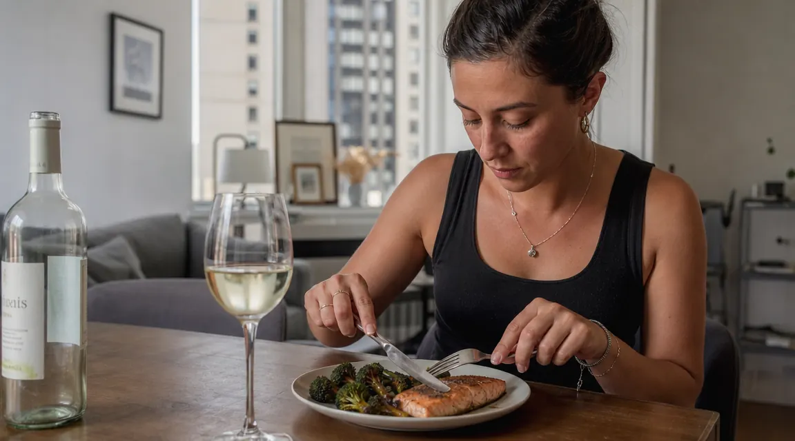 Crispy roasted broccoli and salmon on a plate, cooked in an air fryer, on a small apartment dining table