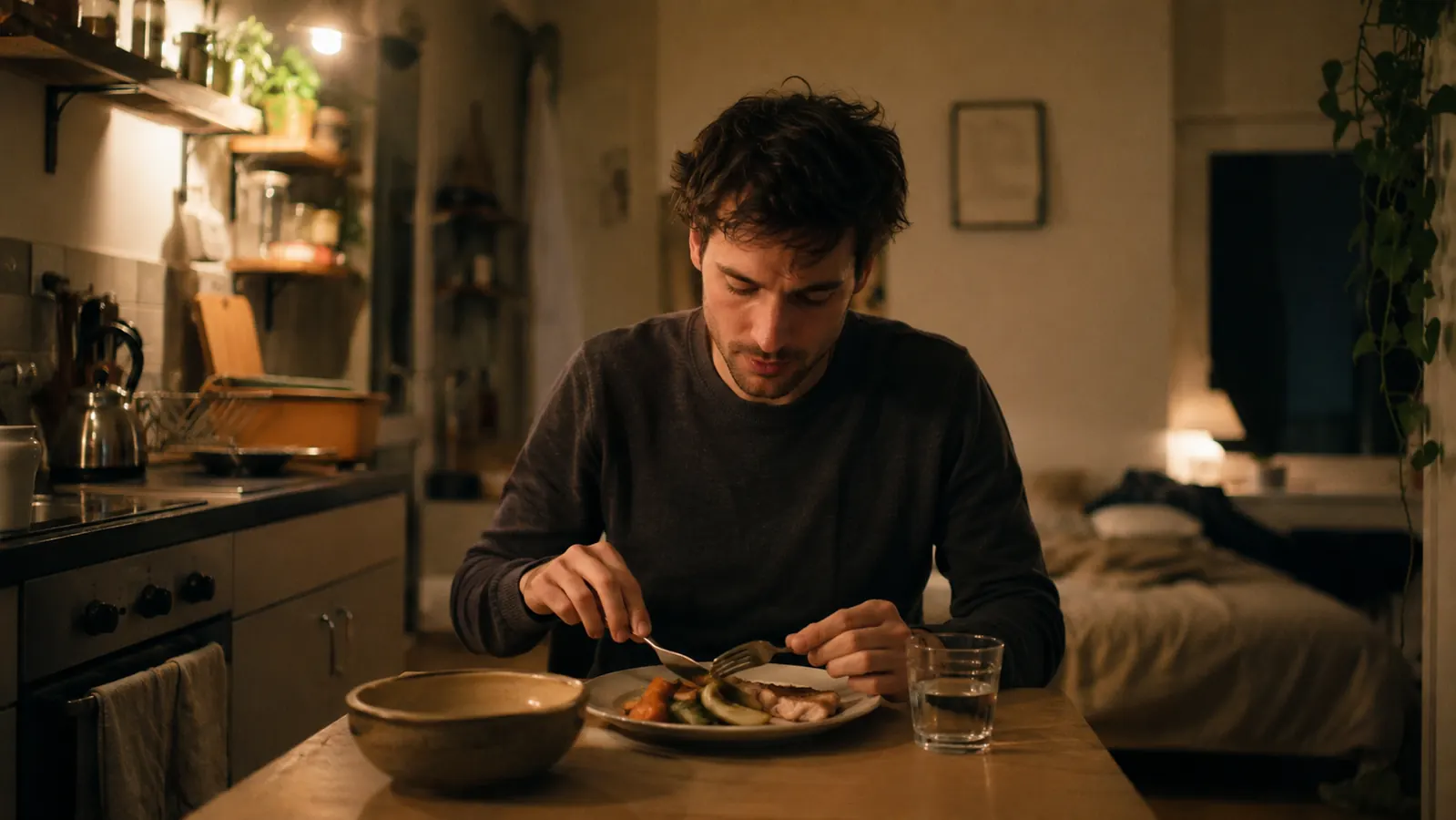 Person sitting at a small kitchen table eating a home-cooked meal, content expression, apartment setting