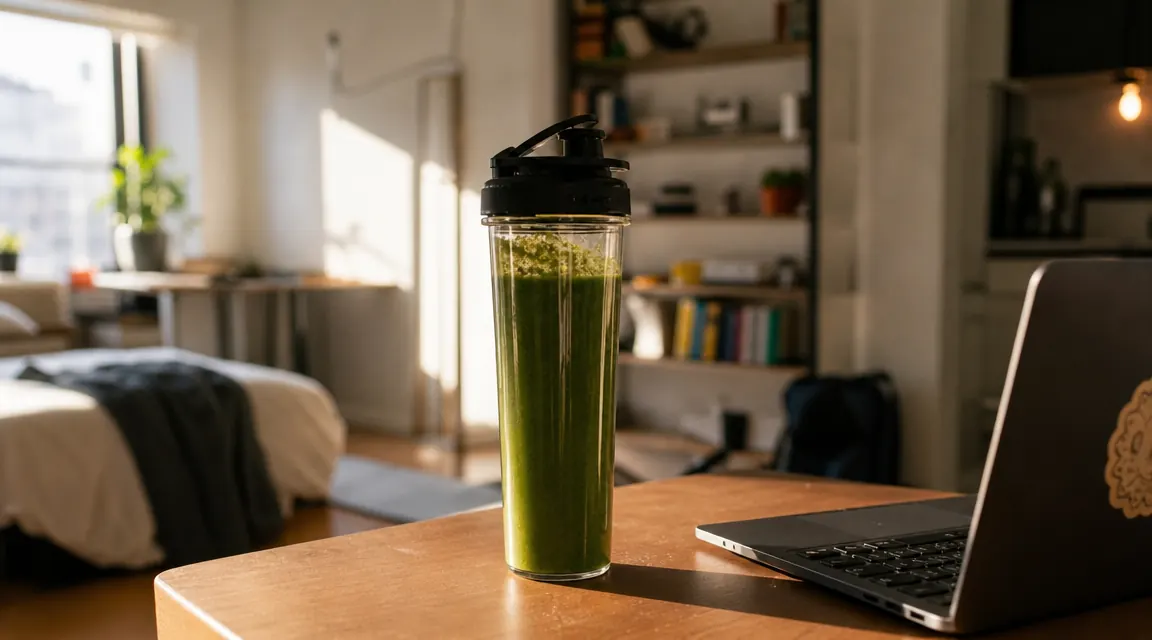 NutriBullet 600 tall cup filled with a green smoothie, drinking lid attached, on a desk beside a laptop in a small studio apartment