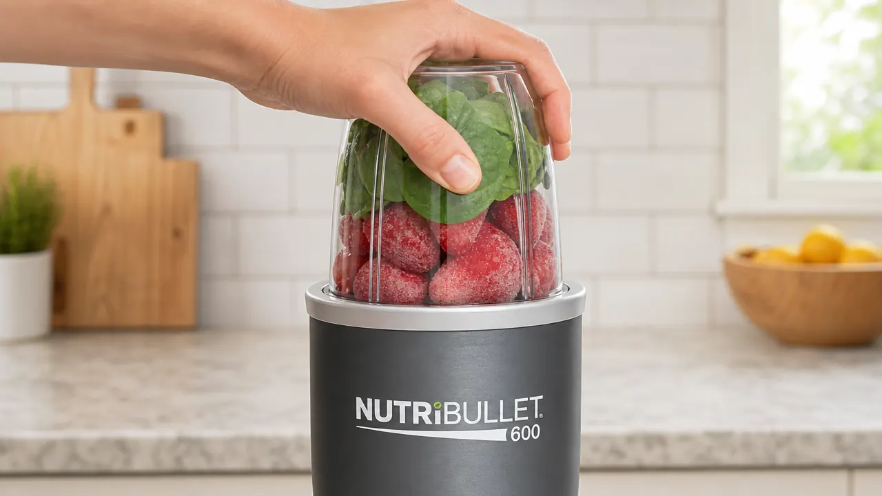 Hand pressing a NutriBullet 600 cup down onto the motor base to start blending