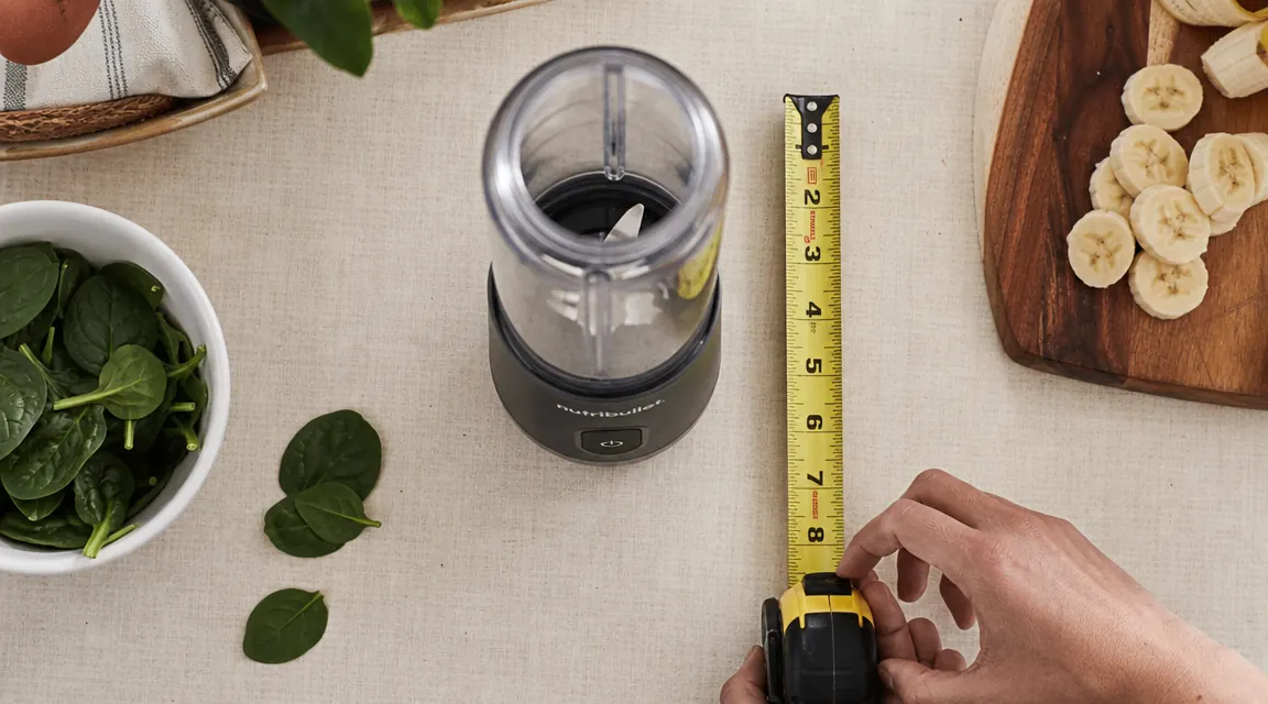 Top-down view of a small kitchen counter measuring tape beside the NutriBullet 600, showing its 7-inch footprint