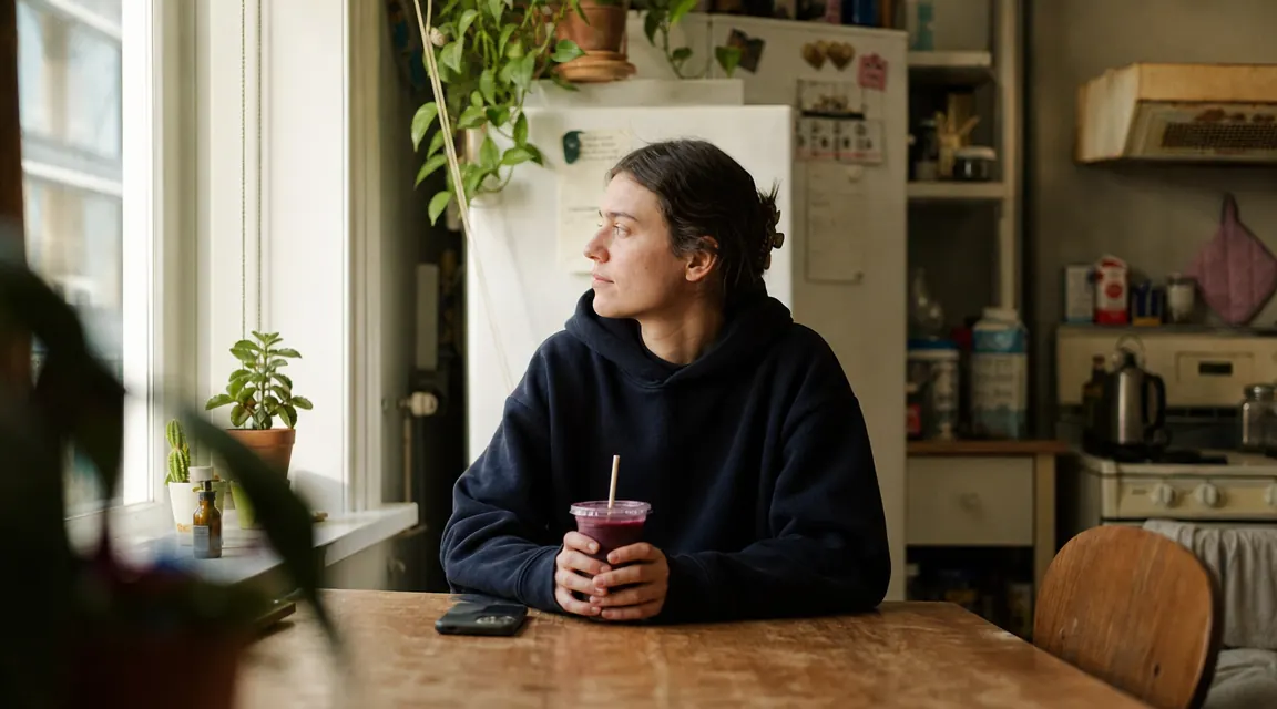 Person sitting at a small kitchen table with a smoothie and a phone, relaxed morning routine